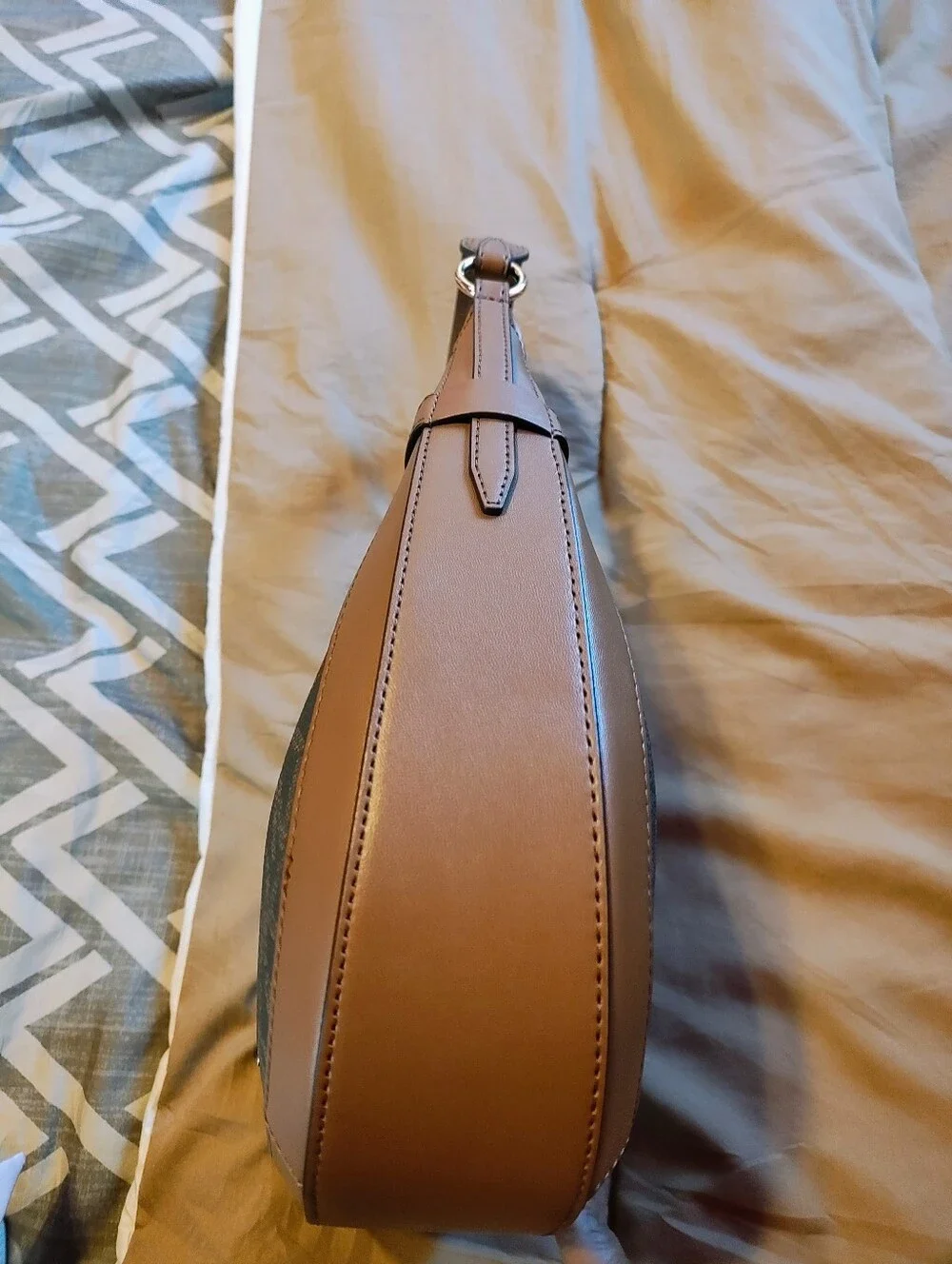Michael Kors Navy MK Logo Crescent Hobo with Brown Trim